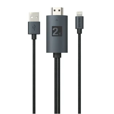 Porodo Braided 2K HDMI - Lightning  - USB Cable 2M - Black